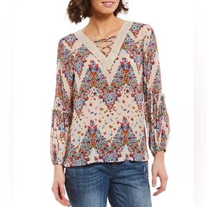 Democracy Boho Balloon Sleeve Floral Multicolor V-Neck Straps Detail Blouse M